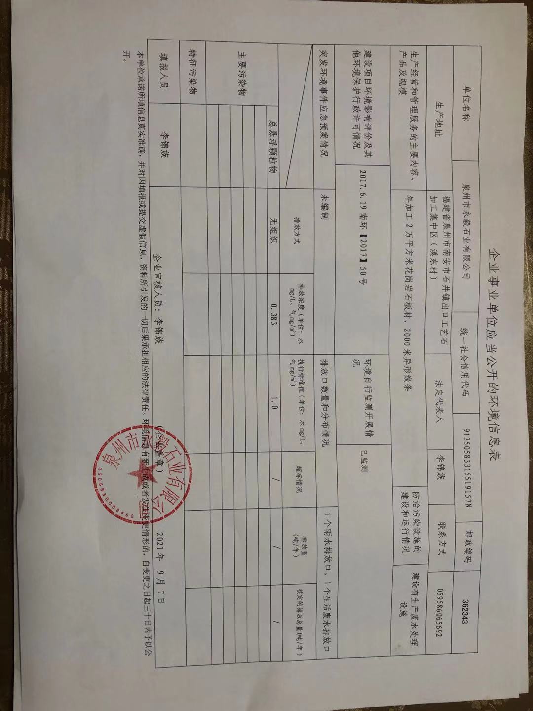 泉州市永毅石业有限买球环境信息公开